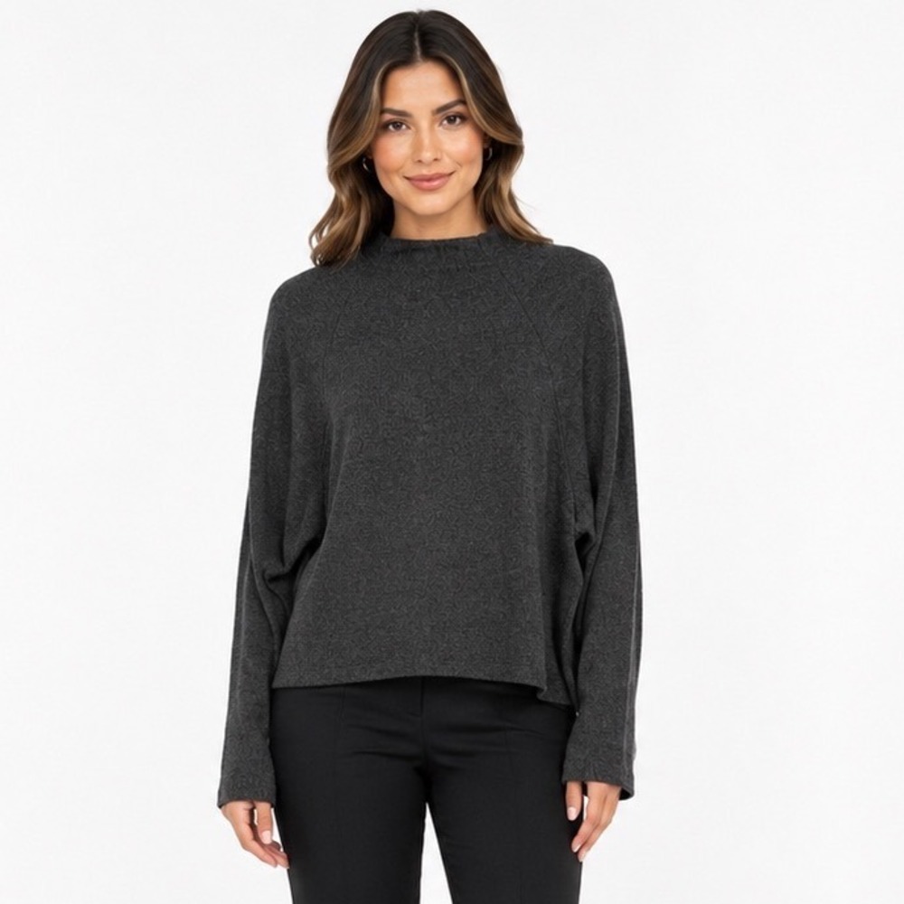 H&M Charcoal Grey Mock Neck Raglan Sleeve Knit Sweater M Preppy Chic Fall 112-04